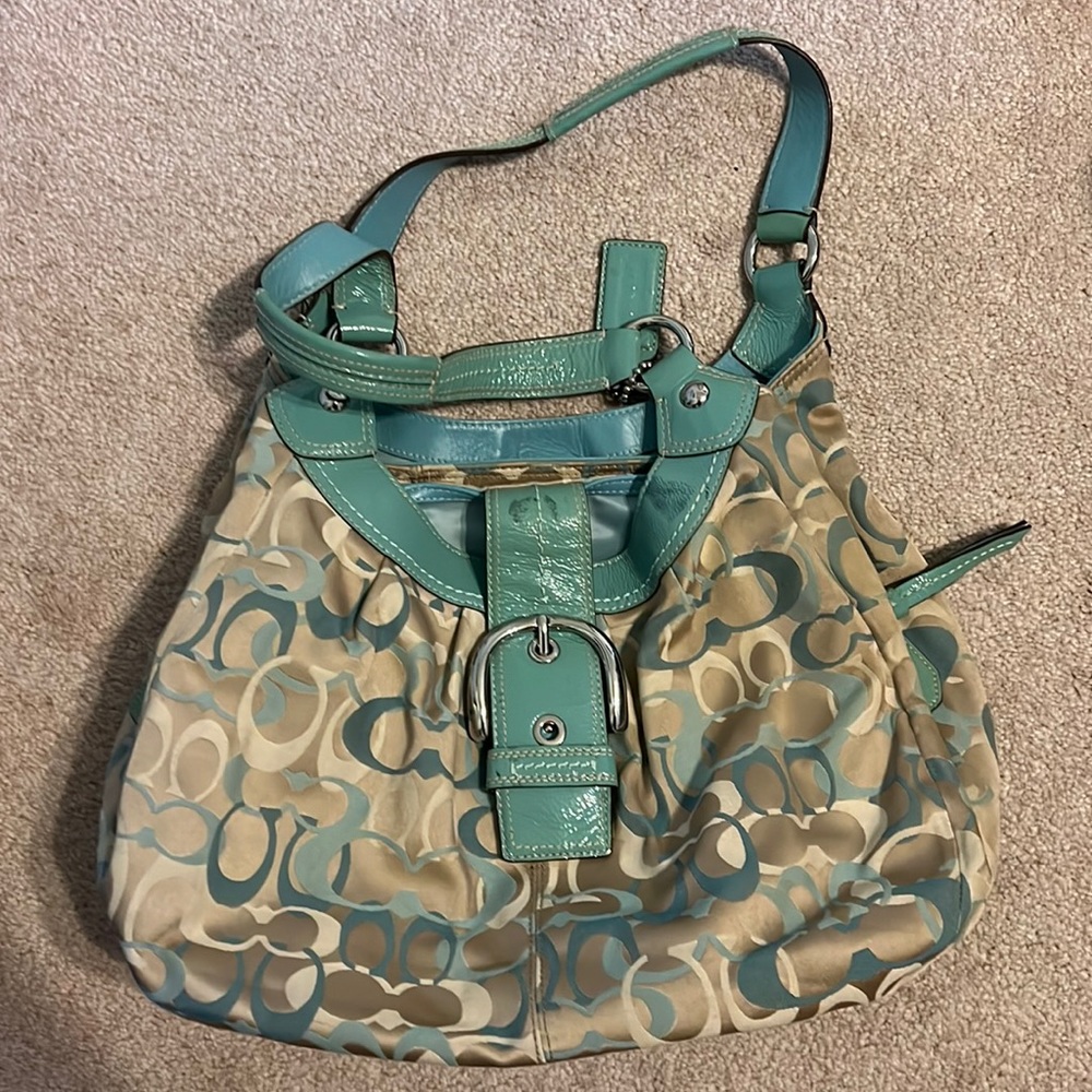 Coach Three Pocket Shoulder Bag in Tan with Light Blue Trim